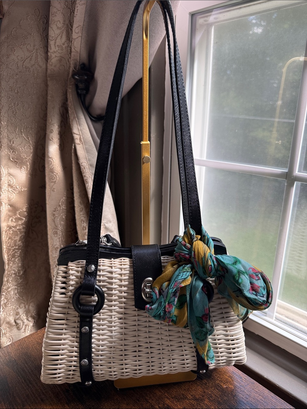 Patricia Nash Cream Woven Tote with Black Trim and Teal Patricia Nash Scarf